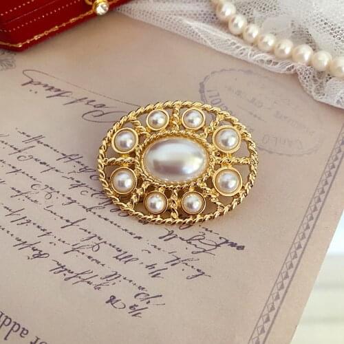 Antique Vintage Western antique Baroque simple oval hollow Pearl Brooch Pin Pin Jewelry
