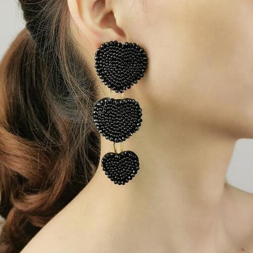 MANILAI Bohemian Handmade Three Heart Drop Beaded Earrings for Women Crystal Beads Long Dangle Earrings Ethnic Jewelry 2020