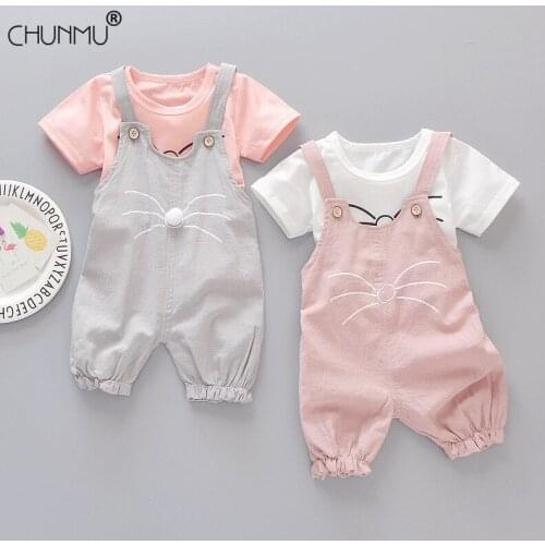 Children Short Sleeve Suit Cotton Pullover Kids Clothes Suits Cat Pattern Tops +Overalls 2pcs Baby Clothes Set 2021 Summer