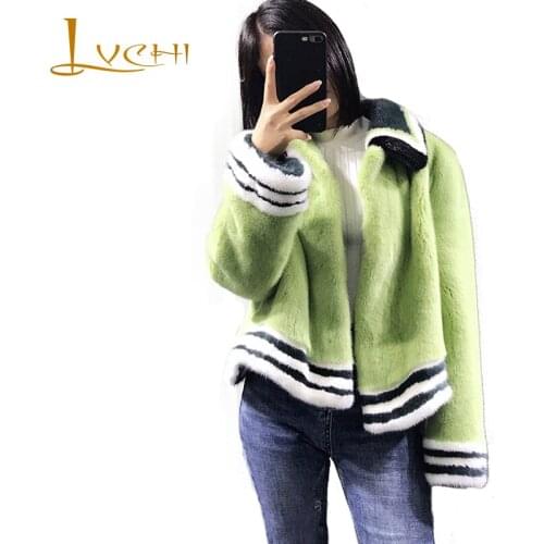 LVCHI Winter 2019 Import Full Pelt Mink Fur Coat Womens Full Sleeve Fur Coat Causal Turn-Down Collar Striped Short Mink Coats