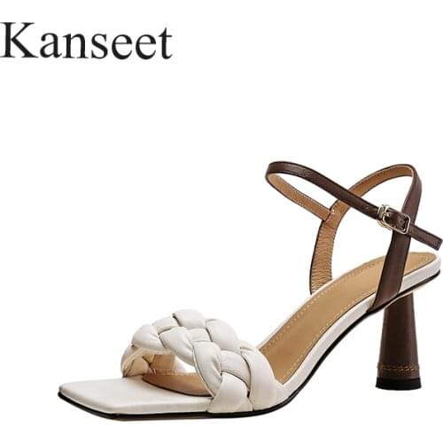 Kanseet Female Shoes 2021 Summer New Purple Beige Yellow Weave Handmade Buckle Strap Mixed Colors Footwear High Heels shoes