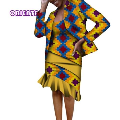 2 Pieces Set Women Africa Clothing African Wax Print Long Sleeve Coat and Maxi Dress Lady Bazin Riche African Clothes WY7240