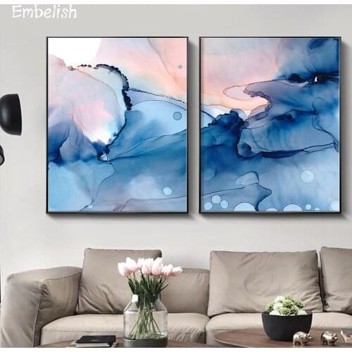 2 Pieces Hot Chinese Ink Style Watercolor Home Decor Posters For Living Room Blue HD Print On Canvas Oil Paintings Wall Picture