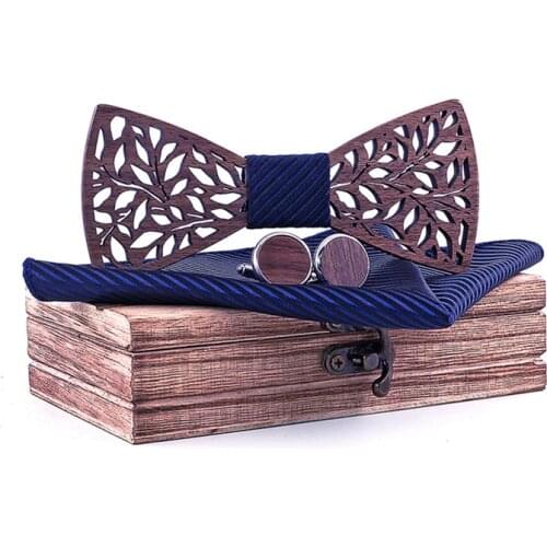 Linbaiway Personality Wooden Bowtie Pocket Square Cufflinks Set Wedding Suit Handkerchief Wood Bow Tie Tuxedo Vestidos Cravat
