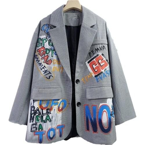 Fashion Letter Graffiti Print Plaid Blazer Jacket Women Streetwear Style Mid Long Suit Jackets Female Loose Casual Blazer Coat