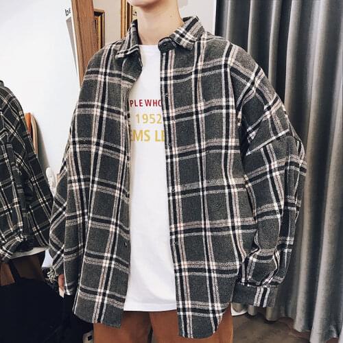 Mens Shirts 2020 Autumn and Winter Plaid Mens Korean Style Shirts Handsome Loose Hong Kong Style Long-Sleeved Shirts