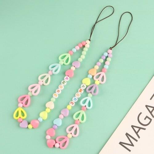 New Heart Bead Chain Keychain Pendant Cartoon Love AMORE Letter Accessories Keyring Mobile Phone Case Bag Keyfob Ornament