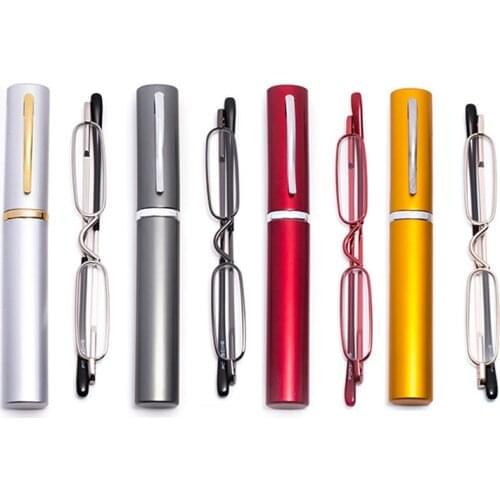 Portable Mini Pen Tube Reading Glasses Men Women Clear Presbyopic Glasses with Diopter +1.5 2.0 2.5 Full Frame Metal Case