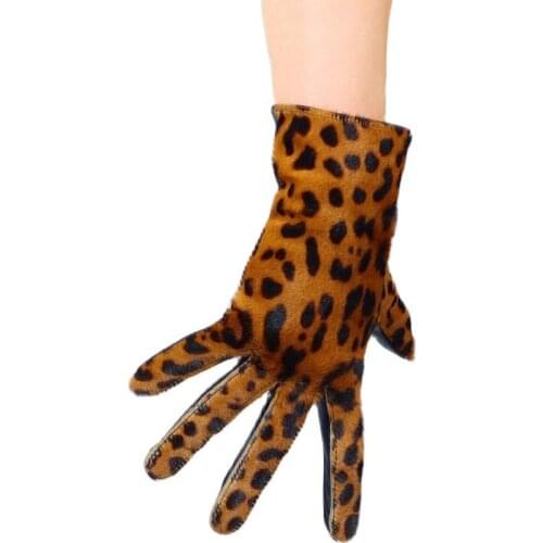 Touchscreen Real Leather Gloves Female 25cm Short Style Imported Goatskin Thin Velvet Lined Fashion Leopard Women Gloves WZP55