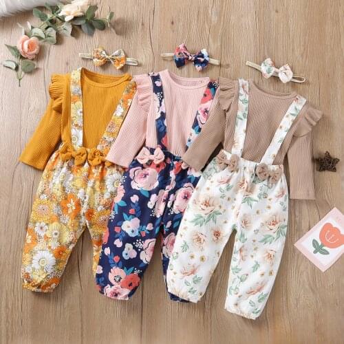 3 Pcs Infant Casual Outfits, Baby Girls Ribbed Fly Sleeve Round Neck Pullover + Flower Print Suspender Pants + Bow Headband