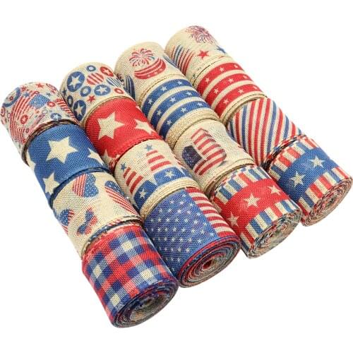 Holiday decoration 4th July patriotic thermal transfer 63mm custom printed Independence theme burlap ribbon