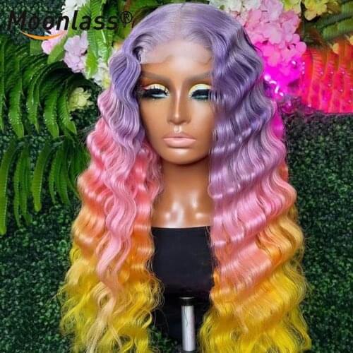 Rainbow Deep Wave Frontal Wig Highlight Wig Human Hair Lace Front Wig Glueless Transparent Brazilian Human Hair Wigs For Women