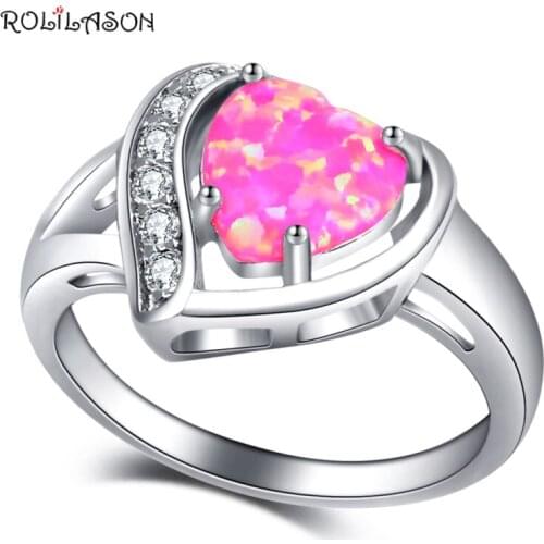 ROLILASON Fashion jewelry heart desgin ring for lover pink opal white crystal silver plated Rings USA size #6#7#8#9#10 OR913