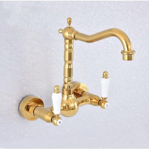 Luxury Polished Gold Color Brass Wall Mounted Bathroom Kitchen Sink Faucet Swivel Spout Tub Mixer Tap Dual Ceramics Handles