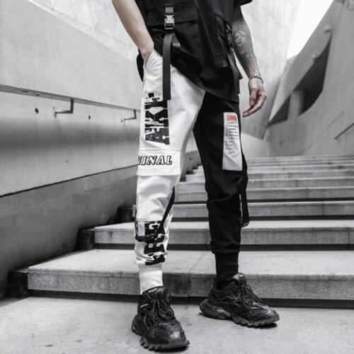 Men black white patchwork hip hop casual pants ribbons streetwear joggers man spring summer Korean slim sweatpants