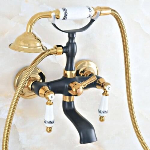 Black Oil Rubbed & Gold Brass 2 Handle Wall Mount Bathroom Bath Tub Faucet Set with 1.5M Hand Held Shower Spray Mixer Tap 2na418