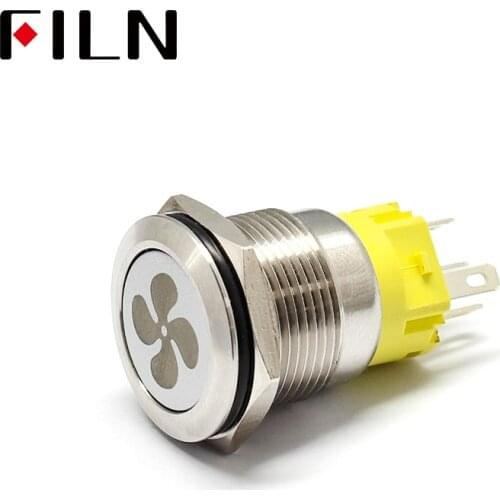 19mm 12v 24v LED Momentary Latching Stainless Steel anti vandal waterproof metal Push Button Switch with fan symbol