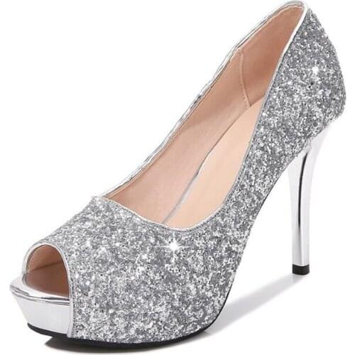 Pumps Women Shoes Sequined Cloth Slip On 12CM 14CM Thin High heel Peep Toe waterproof Rhinestone Bling Party Wedding women shoes