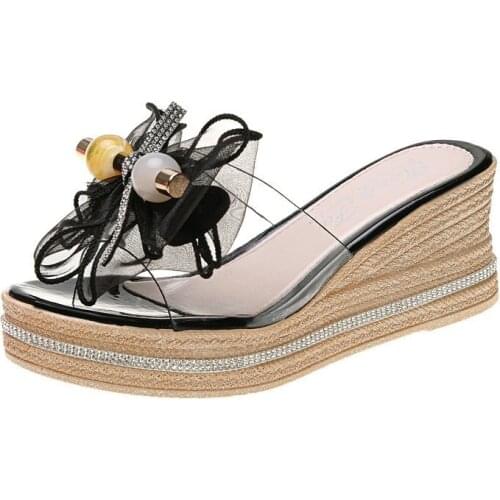 Wedge Shoes Slippers Casual Slipers Women Heeled Mules Slides Butterfly-Knot Platform Jelly Flip Flops Luxury 2021 High