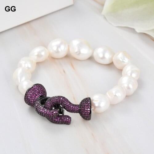 GuaiGuai Jewelry Natural Pearl 8" White Baroque Keshi Pearl Purple CZ Bracelet For Women