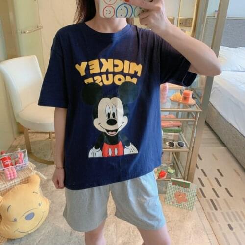 Print Letter Disney Anime Cartoon Mickey Mouse Cute Kawaii Pajamas with Shorts for Women Short Sleeve Blouse and Shorts Summer