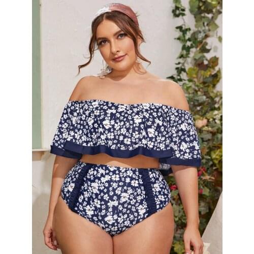 Retro Print High Waist Bikini Set Women Plus Size Suit Tankini Ruffle Off Shoulder Swimsuit Beachwear Padded Two Piece Swimwear