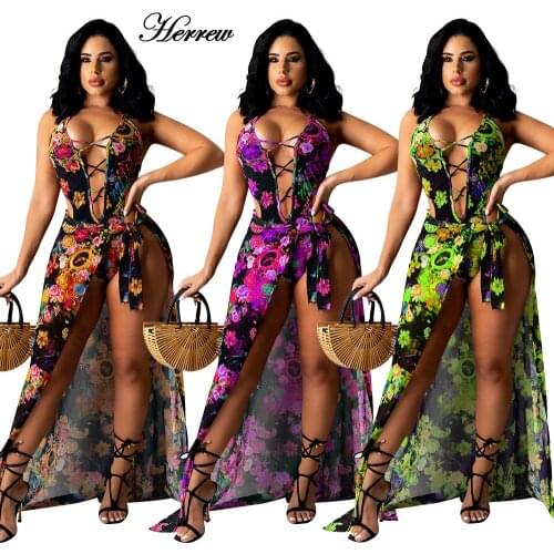 HERREW Print Women 2pcs Dress Set V Neck Cross Hollow Out Halter Rompers+Mesh High Split Irregular Long Maxi Skirts Beach Wear