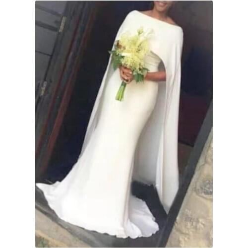 Vintage Long Satin Mermaid Muslim Wedding Dresses with Cape Custom Sweep Train Zipper Back Ivory Bridal Gowns for Women