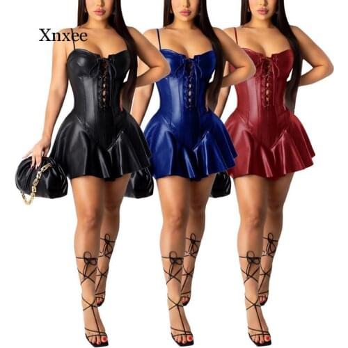 Spaghetti Strap A Line Mini Dress Fashion Women Punk Bandage Sexy Cross Neck Gothic Pu Leather Sexy Ladies Casual Swing Dresses