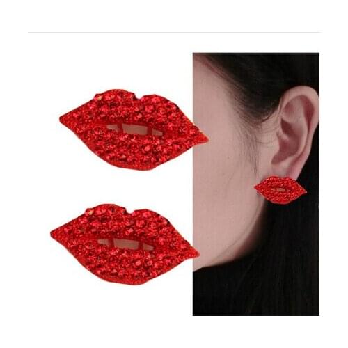 1Pair Fashion Big Classic Luxurious Elegant Sexy Red Lip Rhinestone Sutd Earrings