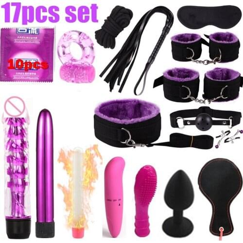 17pcs set Sexy Lingerie Exotic Accessories Adjustable BDSM Sex Bondage Set Handcuffs Whip Rope Sex Toys for Couples Vibrator