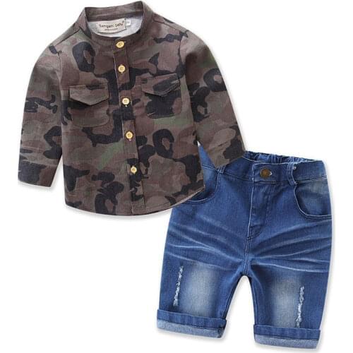 2pcs Toddler Kids Child Baby Boy Camo Shirt Tops Jeans Denin Pants Outfits Summer 2pcs Set Casual Clothes 1-7Y