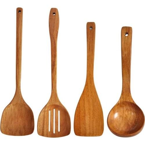 4 Pcs Wooden Kitchen Tools Set Natural Kitchen Utensils Wooden Cookware Including Spoon Shovel Kit Kitchen Cutlery