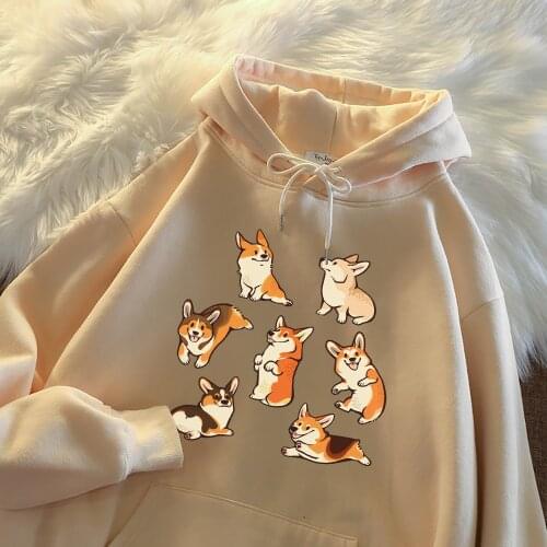7 corgis animal Dog Street Printing Hoodie Women Fashion Casual Clothing Autumn Warm Fleece Sweatshirts Oversize Loose Hooded