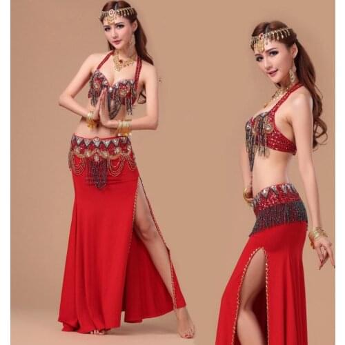 Performance 8 Colors Women Dancewear Professional Size S-L 3pcs Outfit Bra Belt Skirt Long Oriental Beads Costume Belly Dance