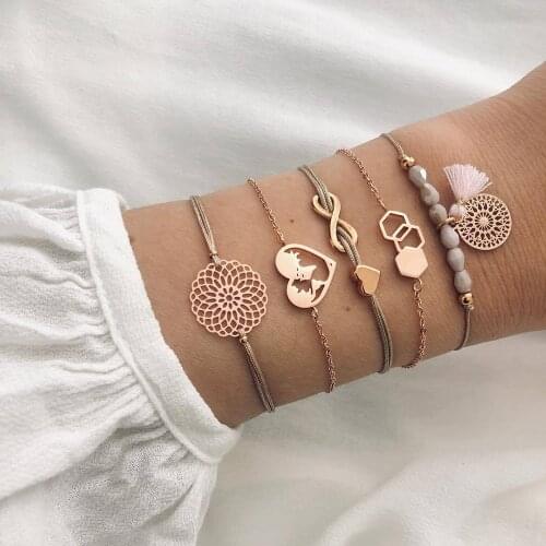 European and American Hot Sale 8-Word Lovely Handmade Stringing Bracelet with Map Geometric Personality Female Five-Piece Set