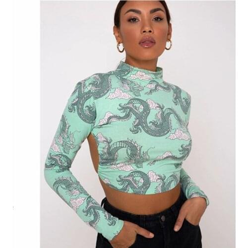 High Street Dragon Printed Women T-Shirts Sexy Backless Crop Top Long Sleeve Bandage Tops High Neck Lace Up Cropped Clothing