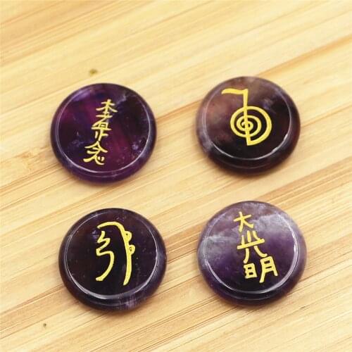 4 PCS Chakra Stones with Lapis Lazuli Engraved Symbols Round Shape Polished Palm Stone Reiki Crystal Natural Divination Stone