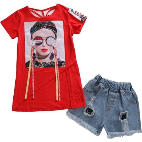 Kids Clothes Set Fashion Headband Bead Girls Print Pattern Tops T-shirt and Jeans Shorts of Summer 2pc Children Outfits Suits