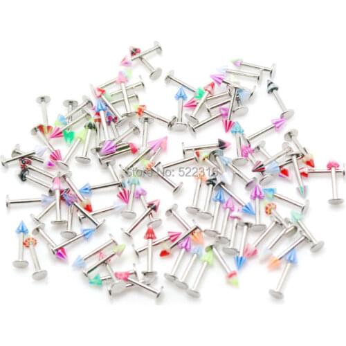 Labret lip rings mix colors 100pcs body piercing jewelry stainless steel barbell acrylic 3mm cone spike wholesale jewelry