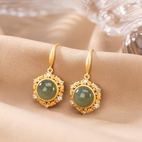 Natural 925 sterling silver gilded inlaid hetian cyan jade round earrings jewelry simple individuality for women