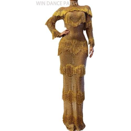 Oringinal Design Women Golden Tassel American Style Wrap Hip Long Dress Party Formal Evening Gown Singer Stage Costume