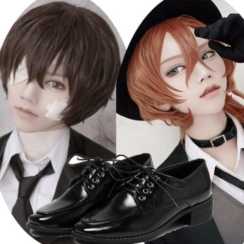 Anime Bungo Stray Dogs Dazai Osamu Cosplay Wigs Nakahara Chuuya cosplay wigs Heat Resistant Short Brown Curly Hair and shoes new