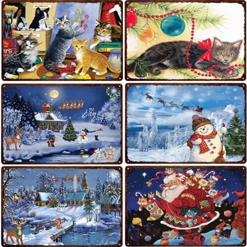 Happy Christmas Metal Tin Sign Cute Cat Santa Elk Snowman and Christmas Tree Metal Poster for Bar Club Room Christmas Home Decor