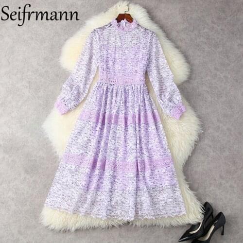 Seifrmann New 2021 Autumn Women Fashion Designer Party Midi Dress Lantern Sleeve Gorgeous Hollow Out Lace Solid Print Dresses