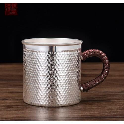 SILVER AGE S999 Sterling Silver Mug For Tea Large Coffee Cup Hand Made Specular Hammerpaint
