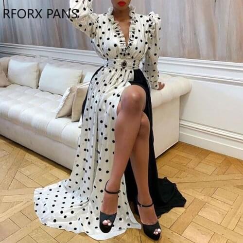 Polka Dot Ruffle Trim Mesh Dress Maxi Dress Party Dress V-Neck Long Sleeve Elegant Boho Beach Dress Casual Long Dresses