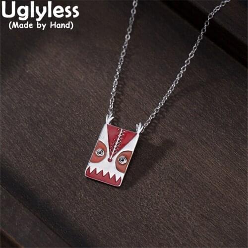 Uglyless Enamel Owl Mask Necklaces for Women Personalized Ethnic Square Animals Pendants 925 Sterling Silver Jewelry + Chains