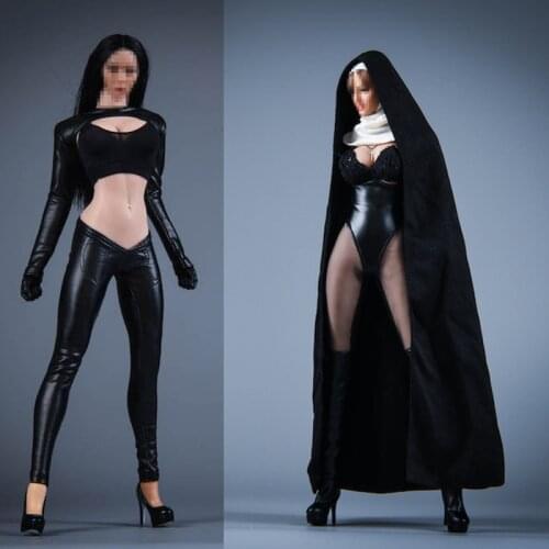 In Stock 1/6 Female PU Leather Clothes Model 19XG60 Nun Cloak Hood Cross Necklace Toys