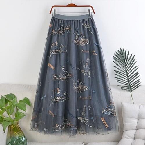 High-Waisted Thinlarge-Length Elastic Waist Double-Layer Mesh Letter Embroidery Mid-Length Skirt Autumn Winter Women 296